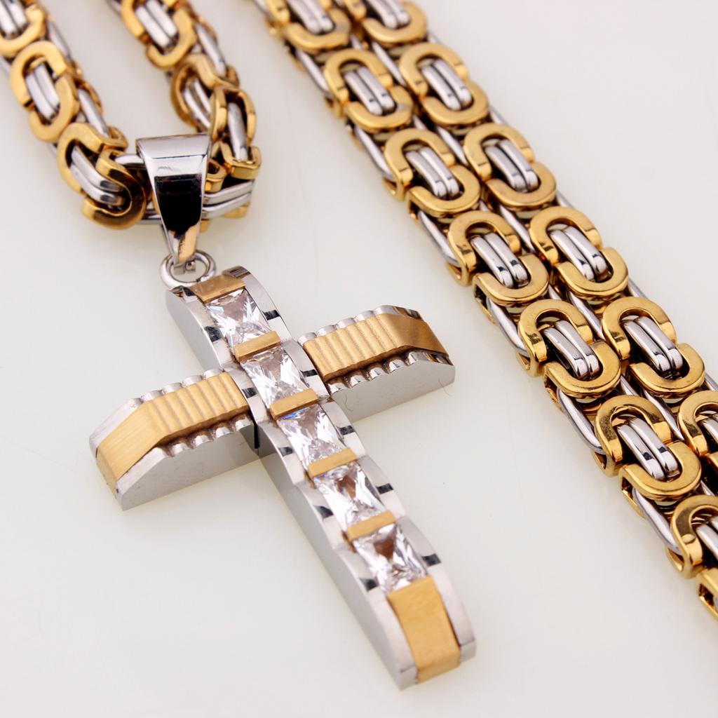 New Men Women Crystal Cross Pendant Gold Color 316L Stainless Steel 16-40" Byzantine Chain Necklace for Choose Popular Jewelry