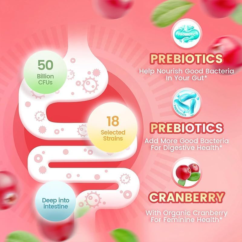 60 Probiotických bonbónů pro ženy, Probiotika pro ženy, příchuť brusinka, 5 miliard CFU pro intimní a trávicí zdraví