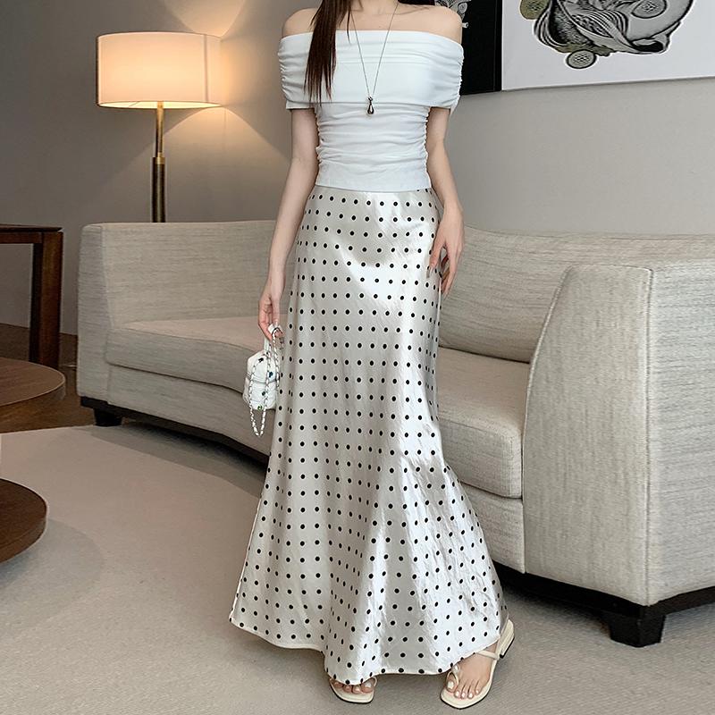 Moda Primavera Verano Elegante Estampado de Lunares Falda Larga Cintura Alta Suelta Ajustada a la Cadera Línea A Faldas de Fiesta Ropa Sencilla Casual para Señoras de Oficina