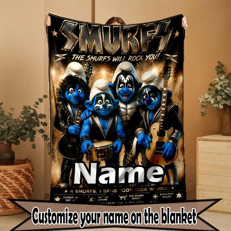 Custom Name Personalized Blue Smurfs Print Blanket, Home Decor, Bedroom, Sofa, Camping, Couch, Gifts for Birthday Christmas