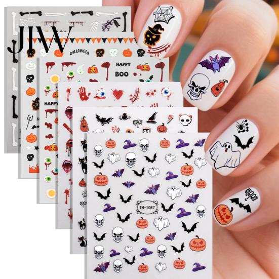 DIY Nail Art Stickers 6 Sheets Halloween Glow-in-the-dark Sticker, Spooky Ghost Pumpkin Skull Manicure Dark Theme Supplies Decal, Decoration