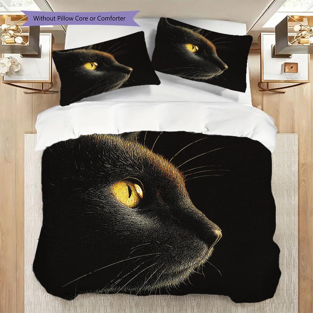 Black Cat Pattern Bedding Quilt Set Quilt Cover Pillowcase Home Decoration Birthday Gift (1 * Duvet Cover + 2 * Pillowcase, Without Core)