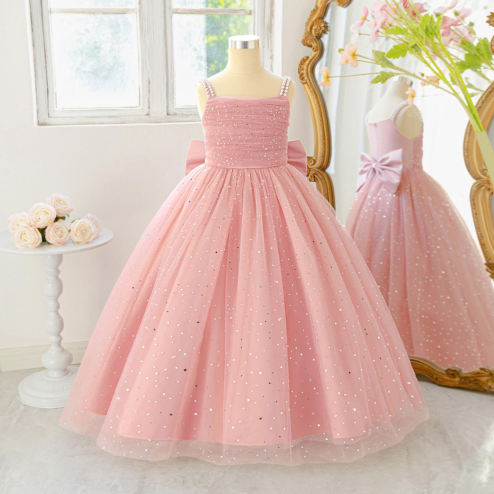 

Flower Girl Princess Dress For Weddings Summer Kid Formal Bow Long Gown For School Evening Party Children New Year Cloth ALP6025 150 рожевий