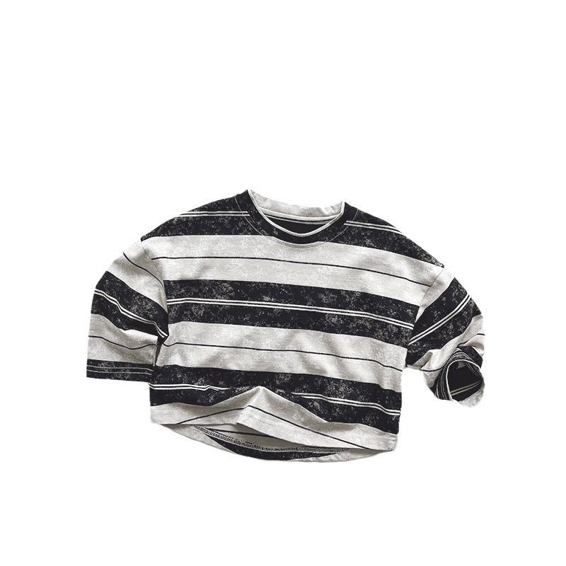 Tricou pentru copii cu dungi retro uzat - Unisex Stil coreean Primăvara 2025