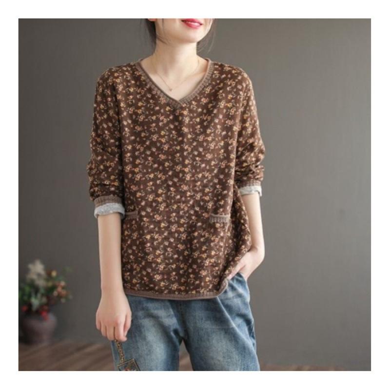 YYFS Women's Fashion Casual Spring Autumn Flower Pattern Print Long Sleeve V-Neck Blouses & Shirts
