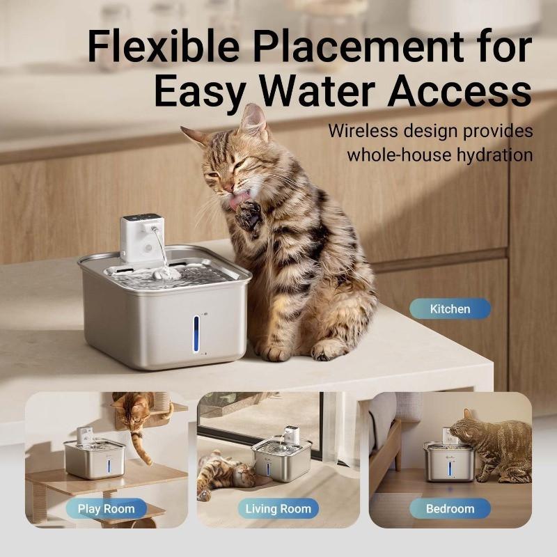 Wireless Stainless Steel Cat Water Fountain 3L Large Capacity Cat Water Dispenser Indoor Motion Sensor Dog Drinking Feeder