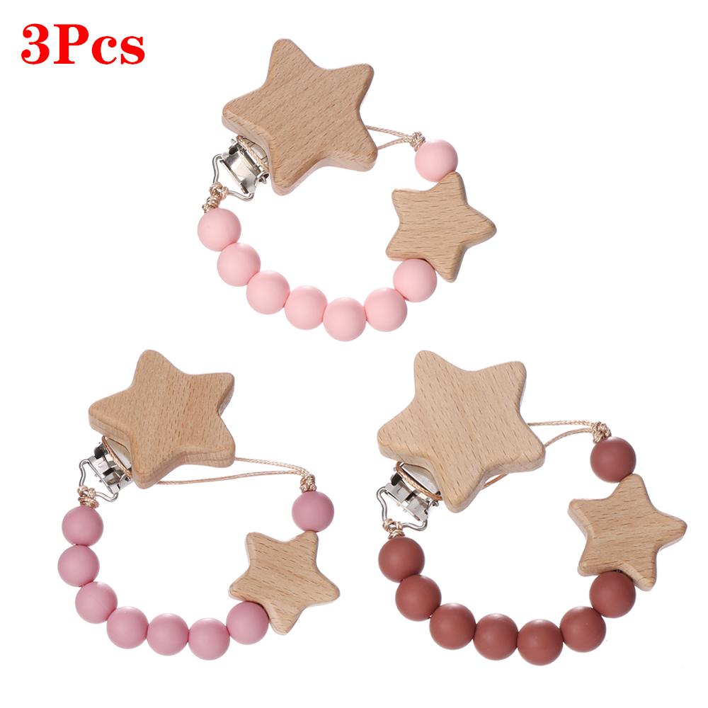 3Pcs Beech Wooden Star Pacifier Baby Pacifier Clip Nipple Holder Dummy Holder Pacifier Clip for Baby Nursing Toys Accessory