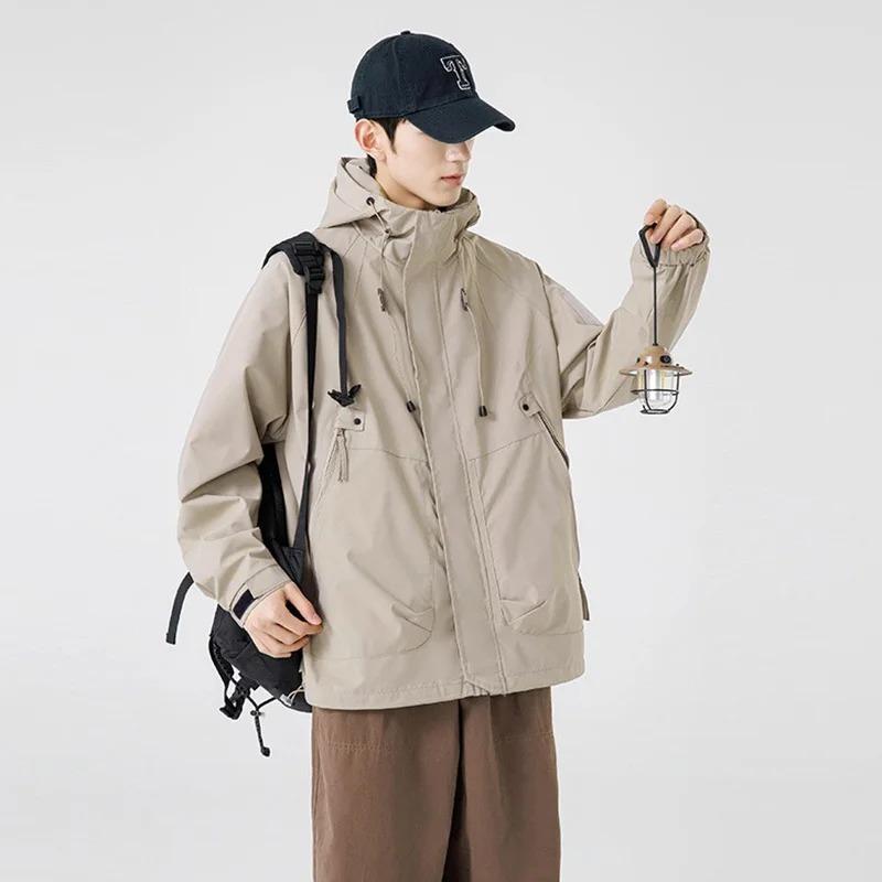 Men's Spring Cargo Jacket Hooded Large Capacity Pockets Outdoor Windproof Camping Hiking Fashion Outwear Loose Fit