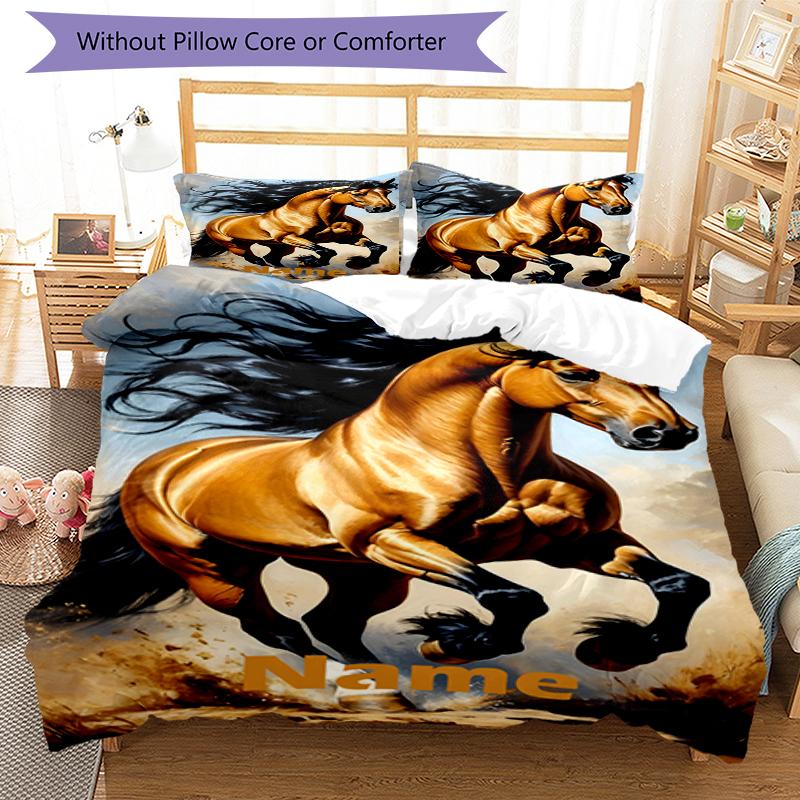 3pcs Custom Name Horse Bedding Set Duvet Cover Closure Includes 1 Duvet Cover & 2 Pillowcases, Soft and Comfortable for All Seasons.