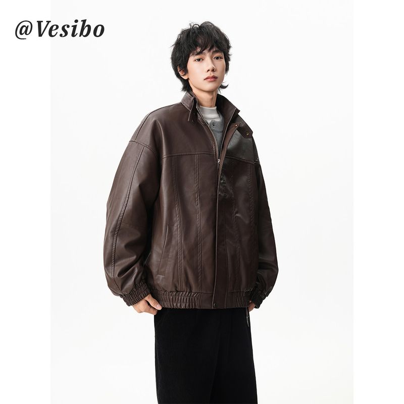 

Deconstructed Stand-Collar Leather Jacket for Men, Winter High-Street Cool Couple Workwear Jacket, Trendy Brand Design, Warm Leather Coat Curry color M