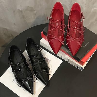 Binnenste hoogteverhoging puntige lakleren lente Mary Jane damesschoenen dubbele 2025 strik retro enkele schoenen kleine nieuwe damesschoenen