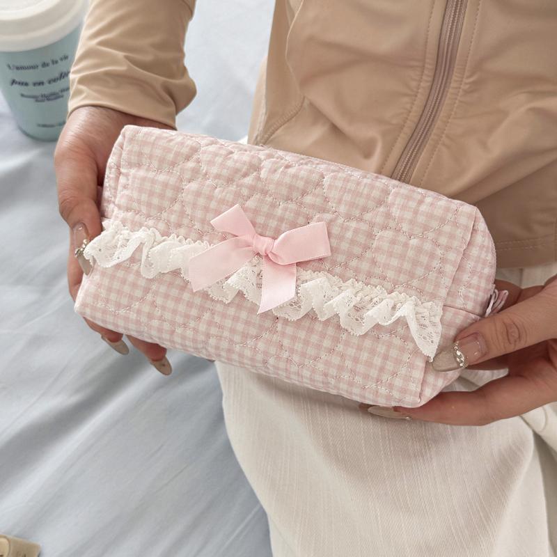 Rosa och Blårutat Spets Pennfodral Sött Vadderat Design Stor Kapacitet Pappersvaror Organizer För Skola Kontorsmaterial Förvaring