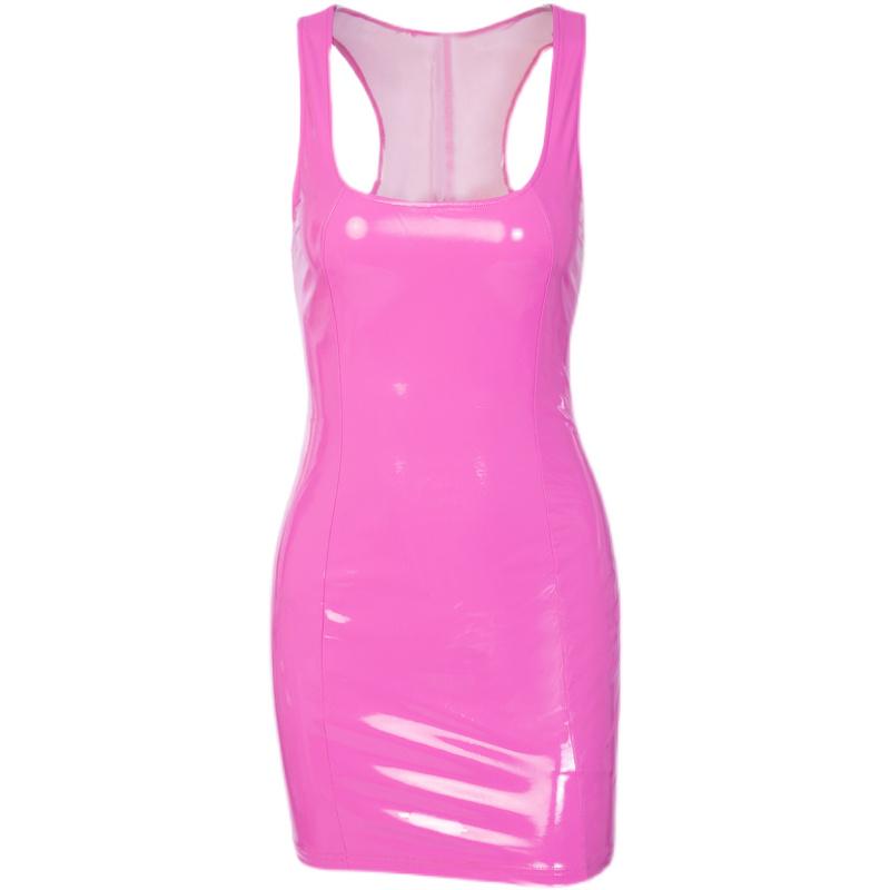 Rochie sexy fără mâneci din piele PU pentru femei - fustă scurtă și strâmtă de culoare uni