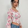 Tricou floral cu mânecă lungă și nasturi deschiși, cel mai bine vândut pe Amazon, pentru femei, subțire și fin, top Spice Girl, imprimare nouă la modă, scurt