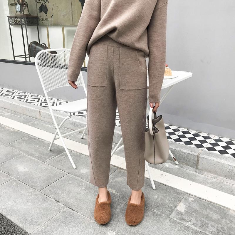 Knitted 2 Pieces Tracksuit Women Spring Autumn Winter O-neck Loose Sweater+Ankle-Length Pants Set with Pocket