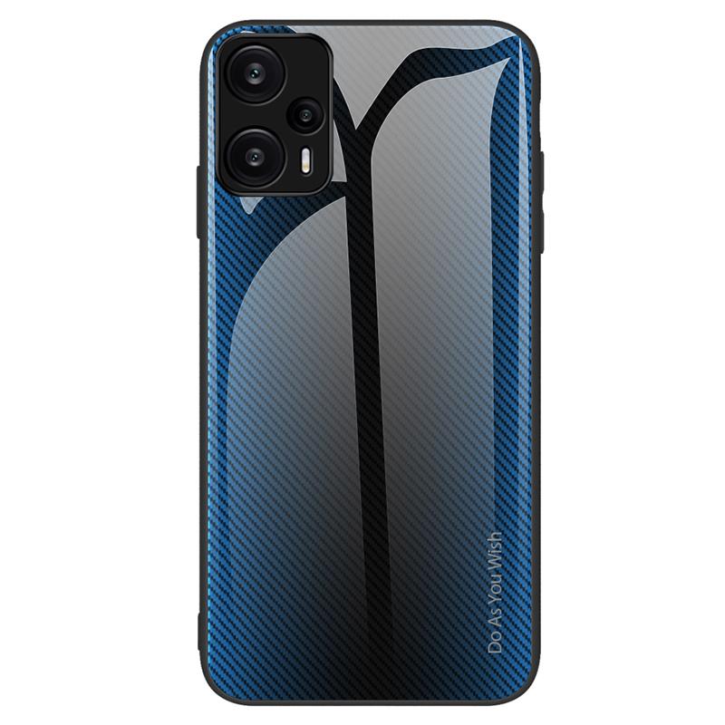 

For Xiaomi Redmi Note 12 Turbo/Poco F5 5G Carbon Fiber Texture Shell Cover Tempered Glass Back+Soft TPU Phone Case Baby Blue