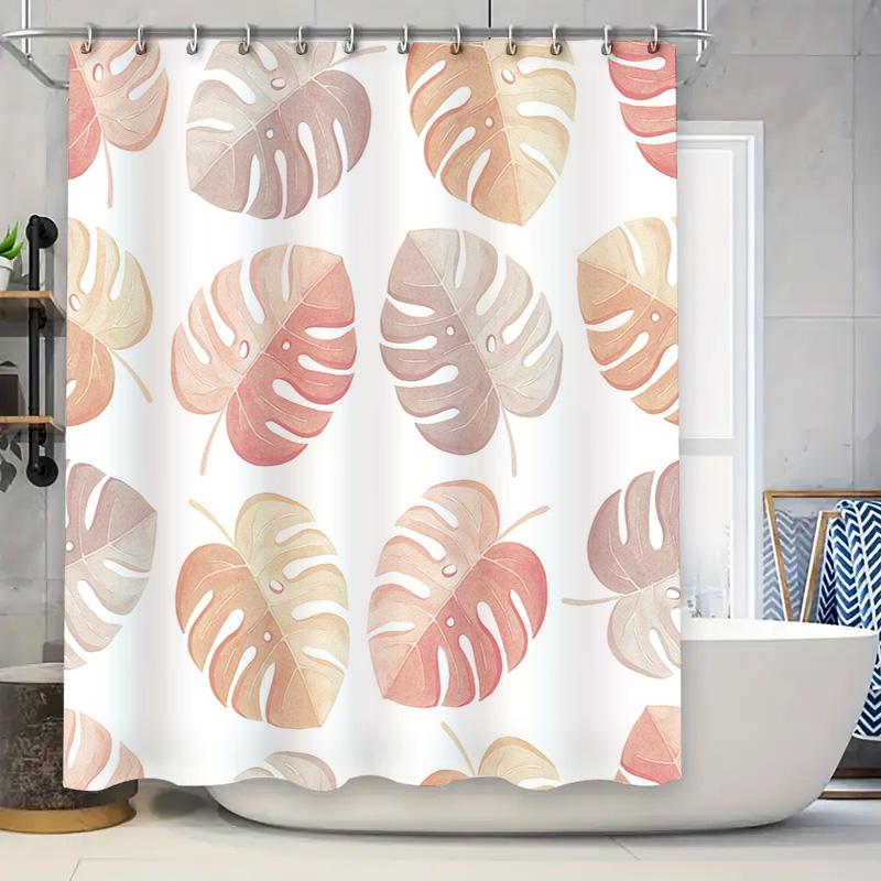 

Watercolor Palm Leaf Print Shower Curtain Modern Bathroom Decor For Home Use White Rose Gold Colorway Premium Waterproof Fabric W60H190(CM)-1 Pcs