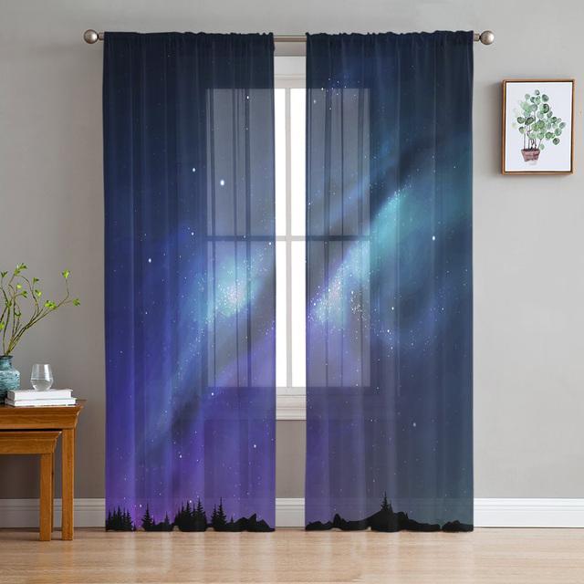 

Звездное небо, луна, звезды, красивые деревья, тюлевые шторы для украшения гостиной, шифоновая прозрачная вуаль, занавеска для кухни, спальни 1 PCS W100XH250cm