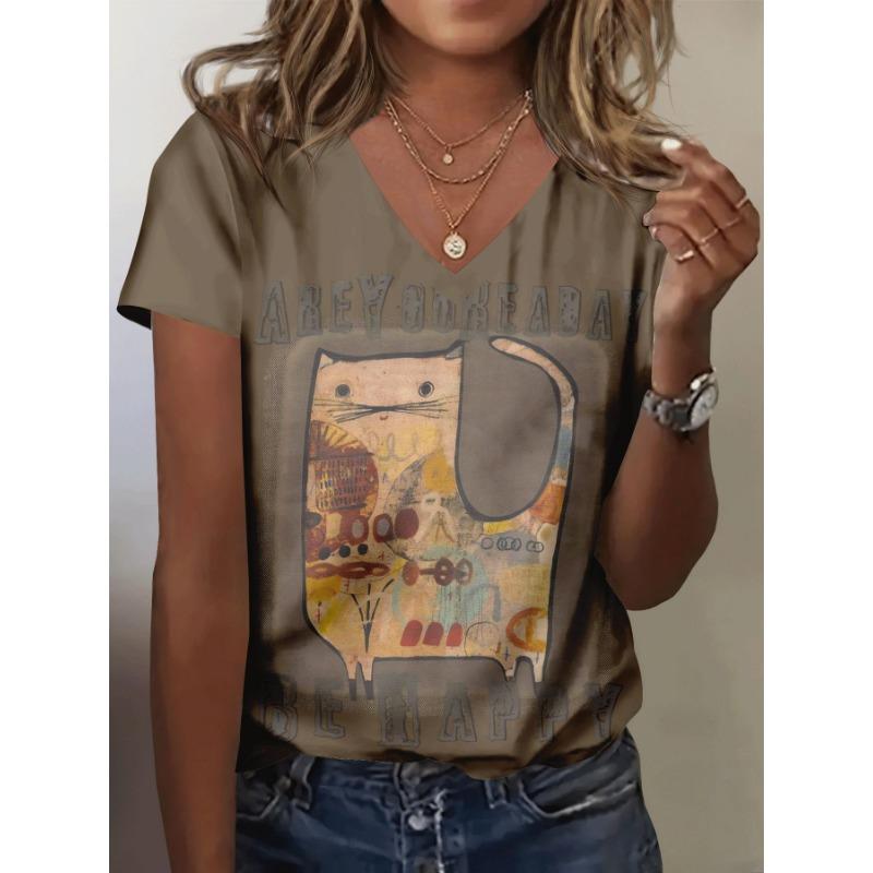 Women's summer casual V-neck short-sleeved T-shirt, with fashionable 3D print, suitable for outings or at home