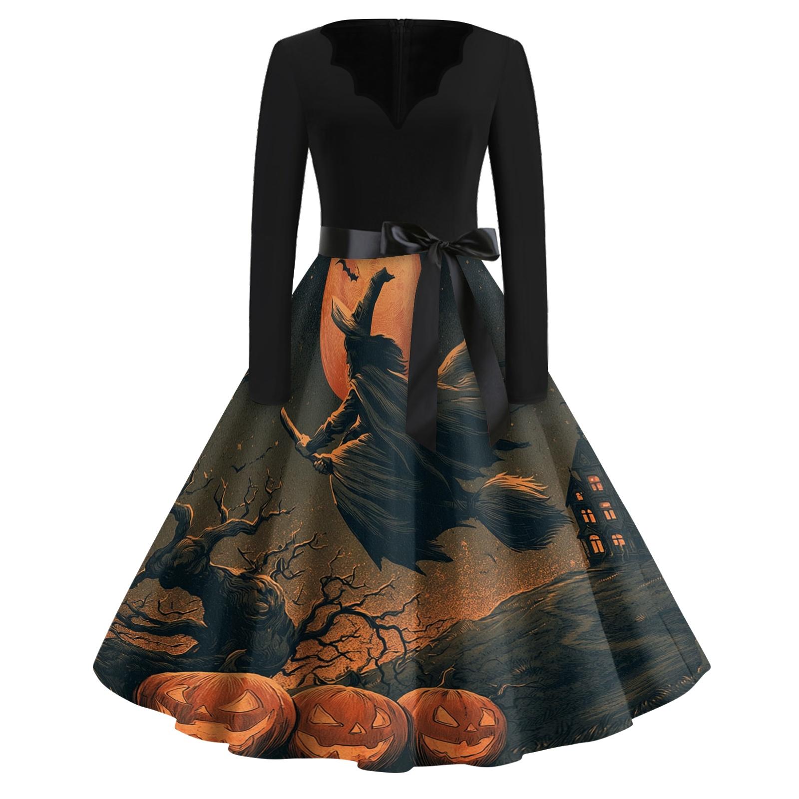 Women s Vintage V-Neck Casual Dress with Halloween Print for Parties L