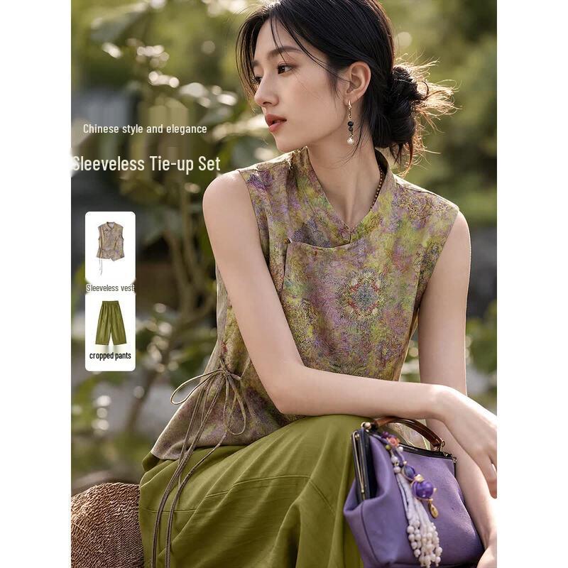 XWI Women s New Chinese Style Jacquard Crop Pants Set S