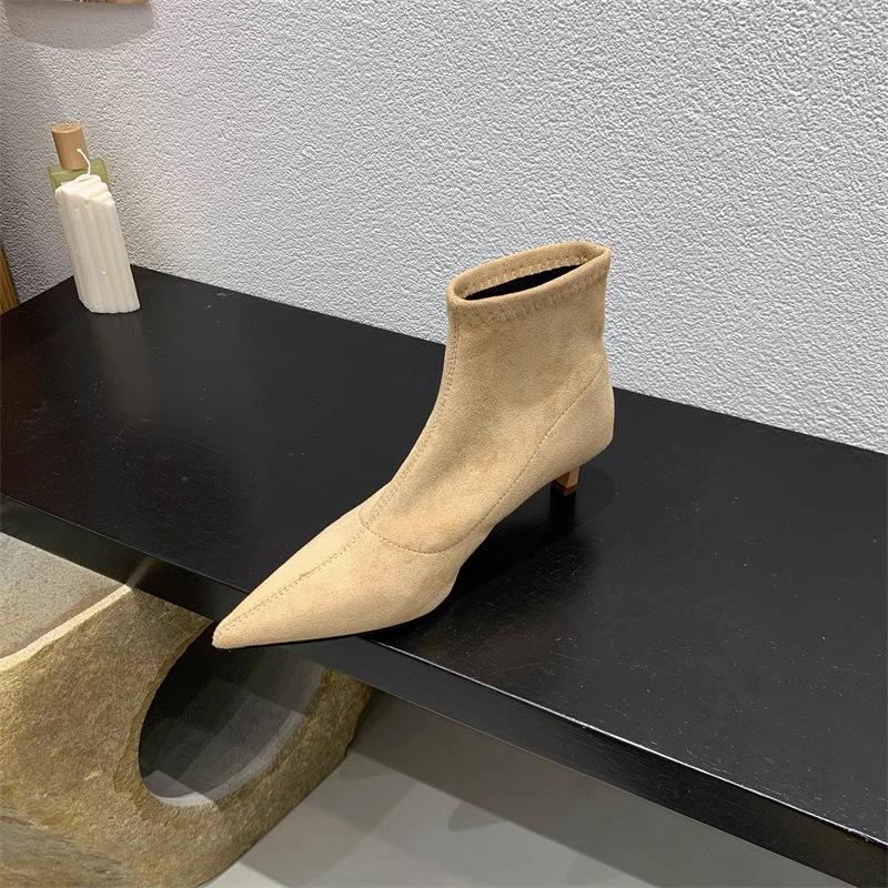 Autumn and Winter Soft-soled Elastic Thin Boots Pointed-toed Thin-heeled Boots Women's Short Boots Small Heel Versatile Black Suede Single Boots