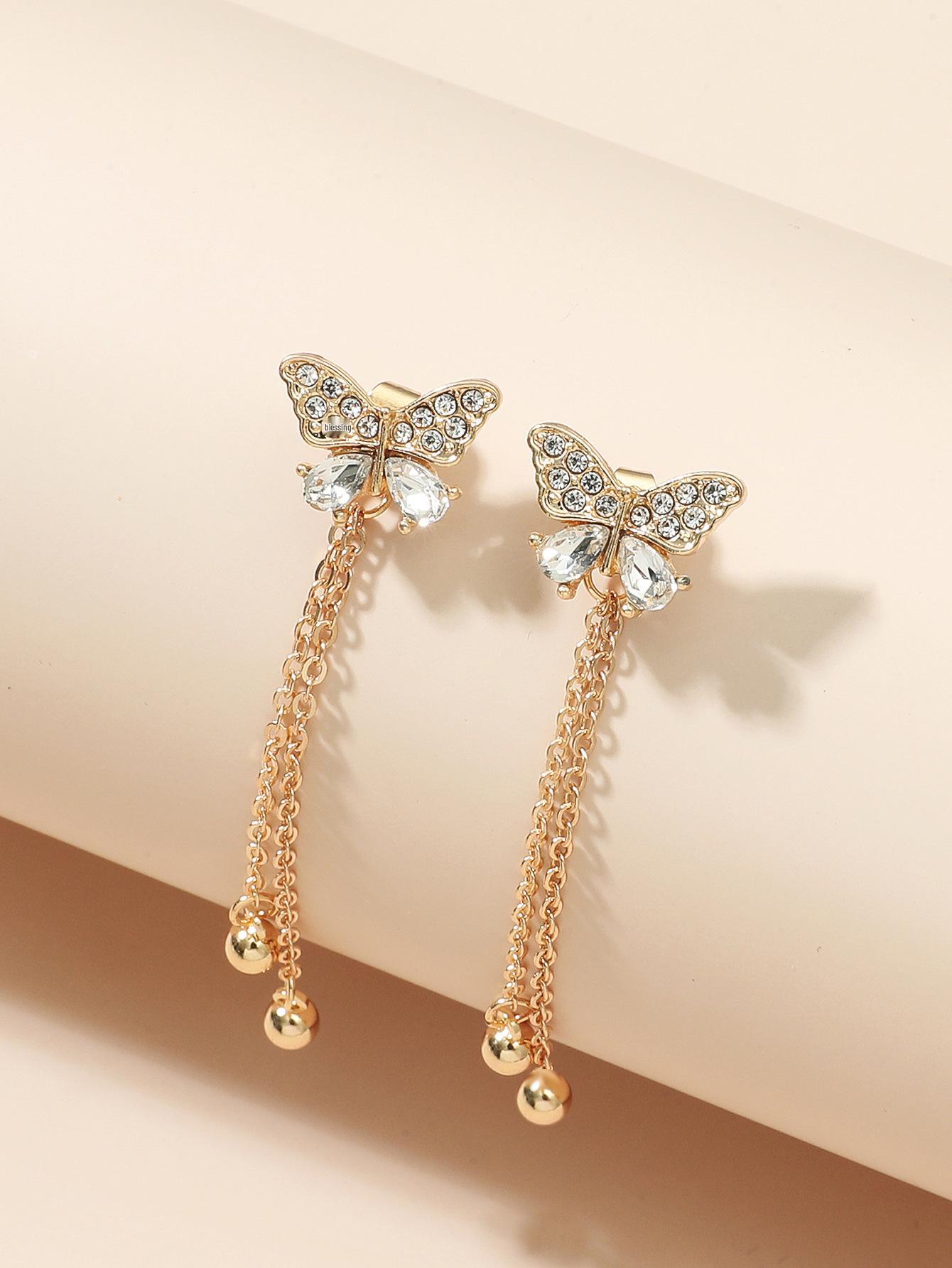 Fashion Rhinestone Tassel Butterfly Crystal Stud Earrings