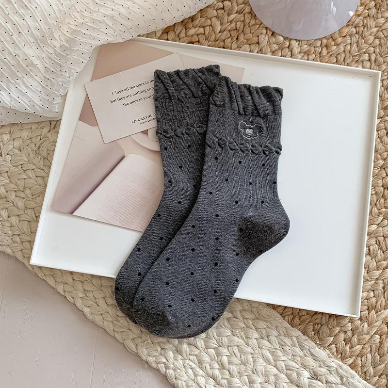 Embroidered Bear Socks, Girls' Autumn Cartoon Cute Mid-calf Socks, Bubble Mouth Polka Dot Socks, Boneless Pile Socks