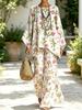 French pastoral rose and green leaf print round neck top and wide-leg trousers