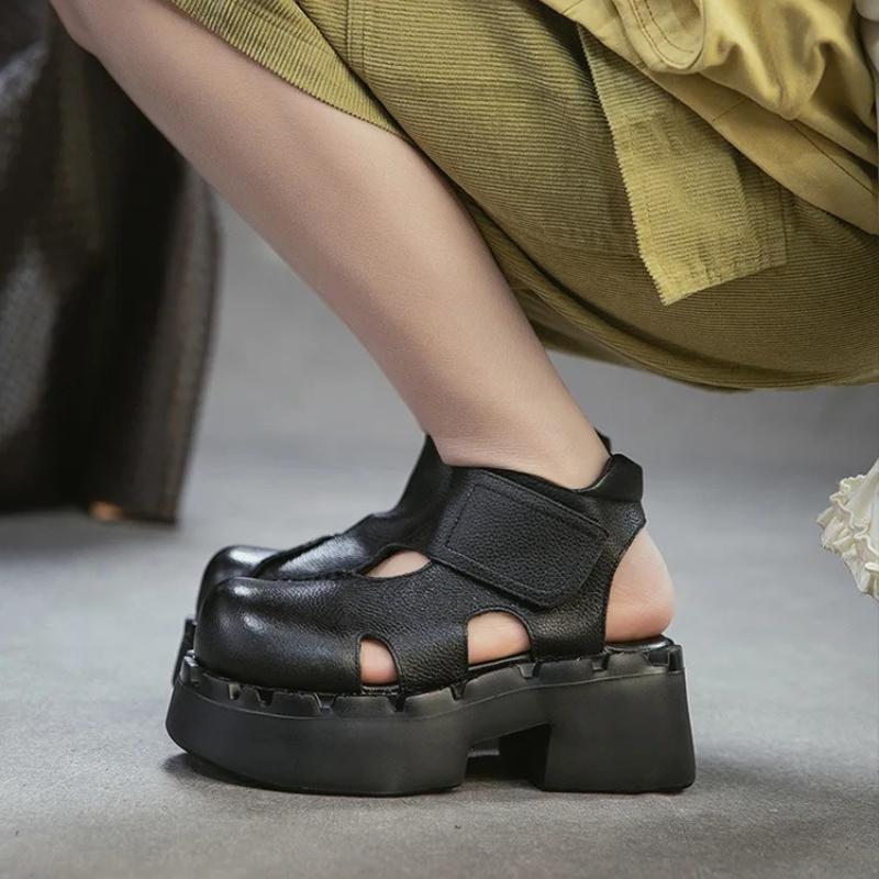 Johnature Echte Leder Höhe Steigernde Dicke Sohle Sandalen Runde Zehen Damen Plateau Schuhe