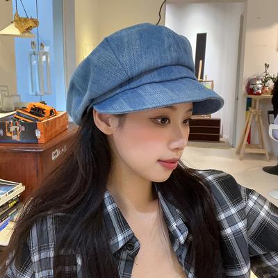 Retro Denim Octagonal Hat Women's Autumn Versatile Painter Hat Washed Beret Retro Casual Newsboy Hat Tide