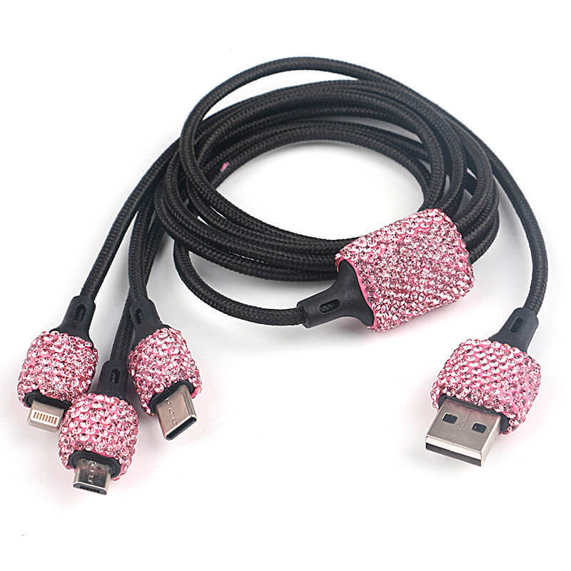 Carregador de carro USB Bling 5V/2.1A Decoração de cristal Adaptador rápido de porta dupla, 3,9 pés Nylon Tipo C Micro USB 3 em 1 Cabo de carregamento múltiplo