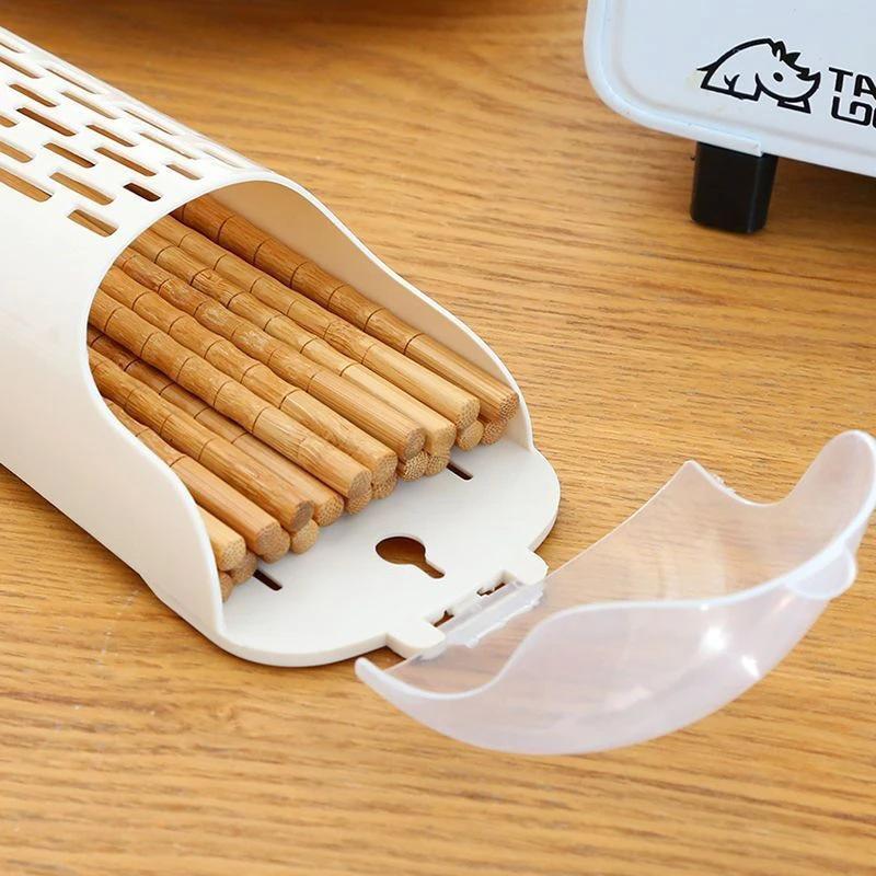 Wall-Mounted Kitchen Chopstick Holder with Lid - Plastic Storage Rack & Drainer