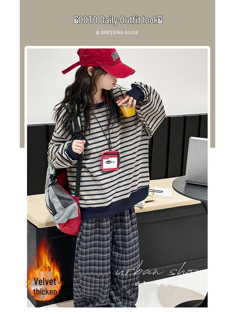 Girls' Plaid Fleece Sweatshirt & Wide-Leg Pants Set - Autumn/Winter Fashion