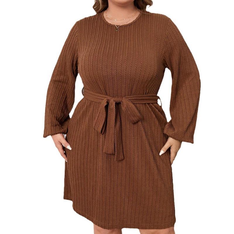 Plus Size Women High Waist Round Neck Puff Sleeve A Line Commute Dress