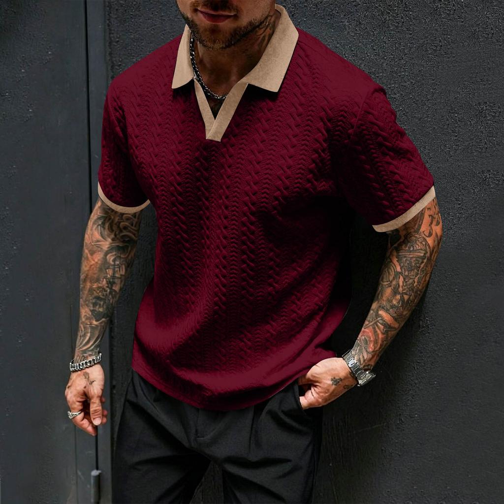 Men's Jacquard Knit Polo Shirt Short Sleeve Slim Fit V Neck Casual Summer Top with Contrast Collar and Cuffs
