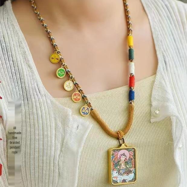 Five-Strand Tibetan Cotton Necklace with Thangka and Buddha Amulet Pendant
