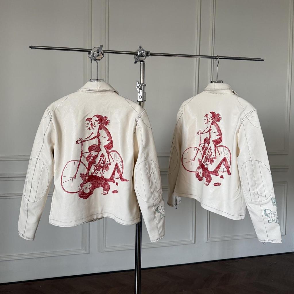 RICH KIDS 25SS Red "Bicycle" Embroidered Leather Jacket for Men & Women