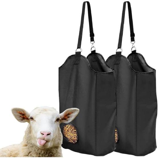 2 Pcs Hay Feeder for Goat, Nylon Goat Feeder, Slow Feed Hay Bag Less Hay Waste Tote Bag with Metal Ring and Adjustable Strap for Sheep Horses Goat