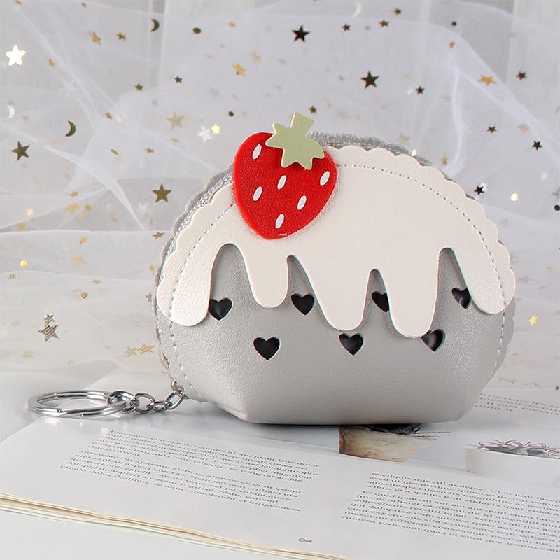 Girl's PU Leather Cartoon Strawberry Cake Heart Pattern Coin Purse Mini Cute Wallets With Keychain Outdoor Money Cards Storage Handbags