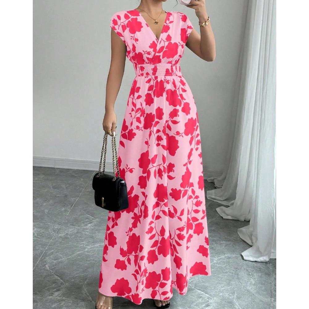 Nuevo Vestido Largo Estampado de Verano con Cuello en V y Manga Corta con Lazo para Mujer Cintura Ajustada