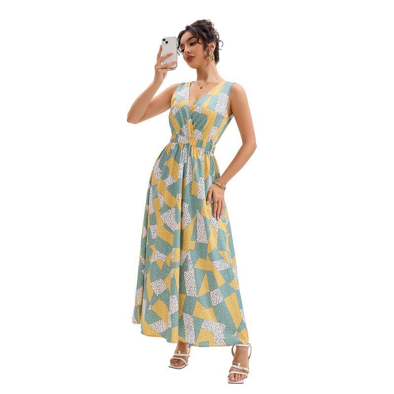 

European and American Fashion Women s Amazon Camisole Flower Print Long Dress Temperament Silm Waist-Tight Dress Multicolor S