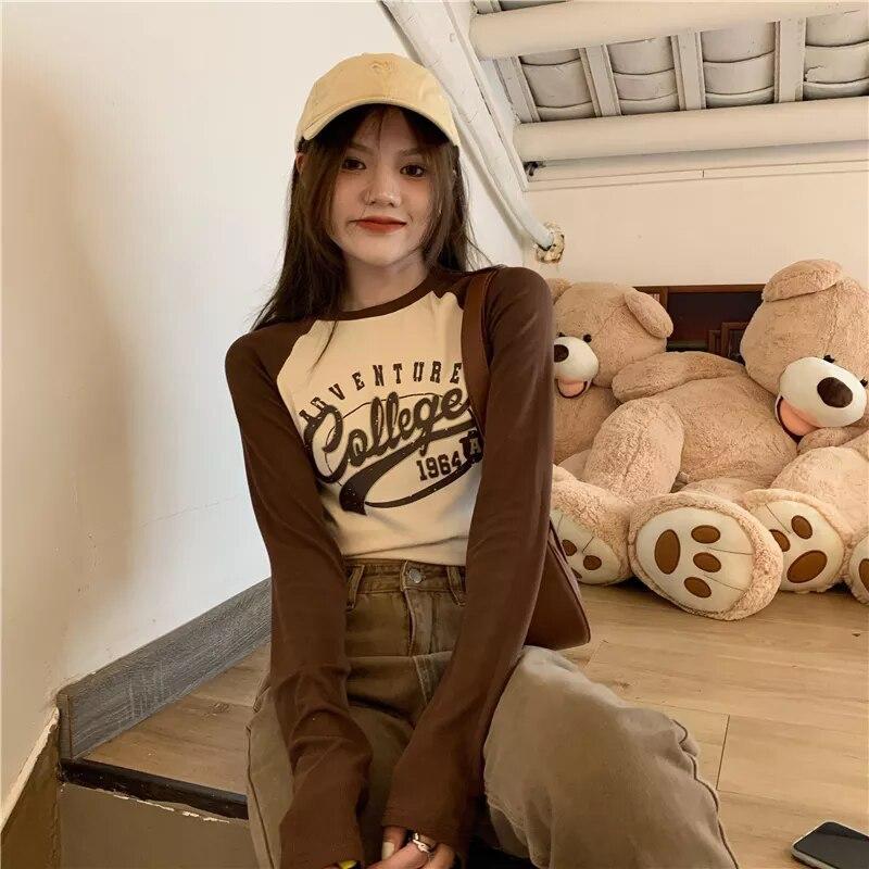 Dámské tričko Y2k Crop Top Léto Sexy Dlouhý rukáv Tisk Dopis Oříznutý Estetický Grunge Harajuku Vintage Korejské módní oblečení