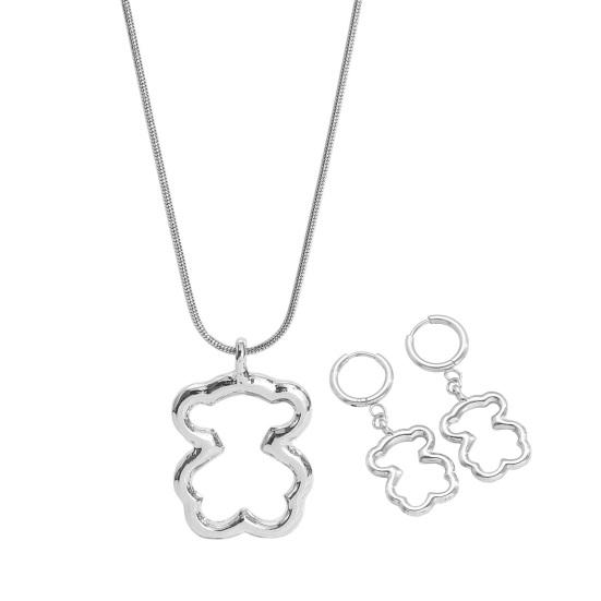 Earrings 3D Hollow Bear Design Stainless Steel Ear Loop Fit Leverback Earrings Adjustable Length Choker Necklace Jewelry Gift