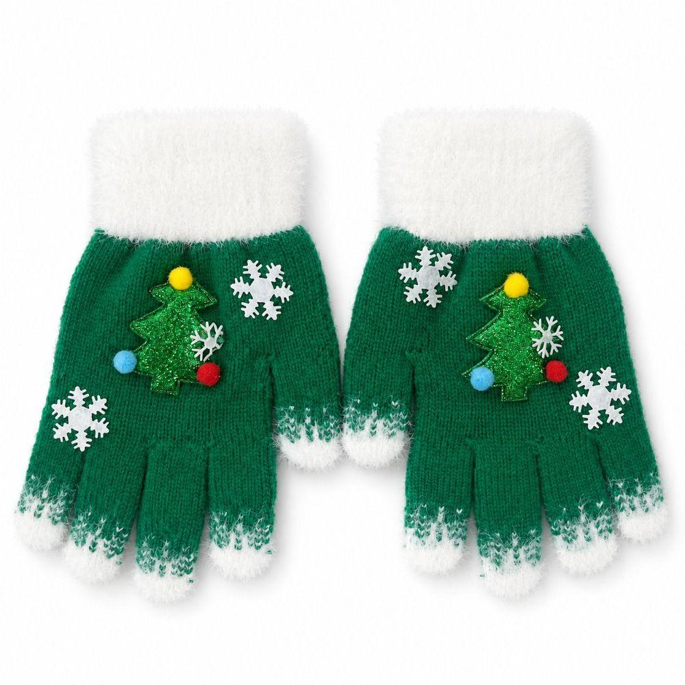 Snowflake Pattern Five-finger Gloves Windproof Winter Warm Glove Christmas Knitted Glove  Girls