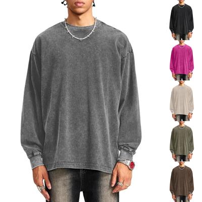 Lässiges Herren- und Damen-Langarm-Top mit hohem Gewicht, gewaschenem Used-Look, schulterfrei, Retro, locker, Rundhalsausschnitt, aus reiner Baumwolle