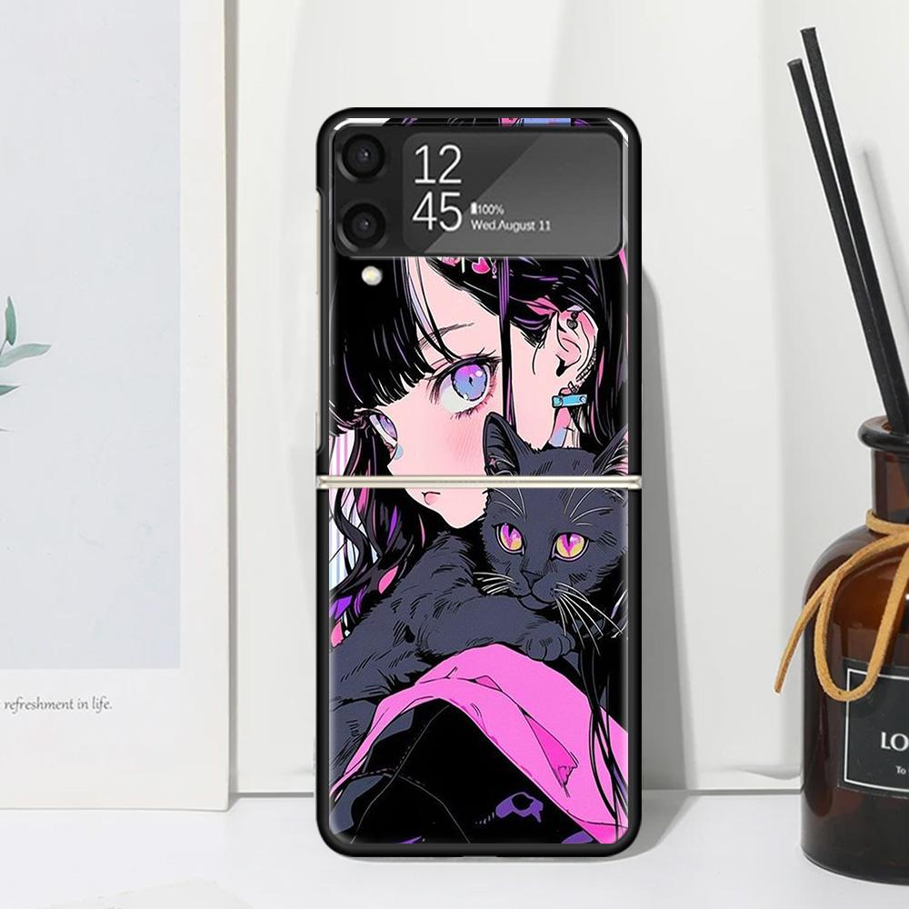 Anime Girls Cute Black Cat Phone Case Cover for Samsung Galaxy Z Flip 7 6 5 4 3 5G Flip3 Flip4 Flip5 ZFlip6 ZFlip7 Black Fundas