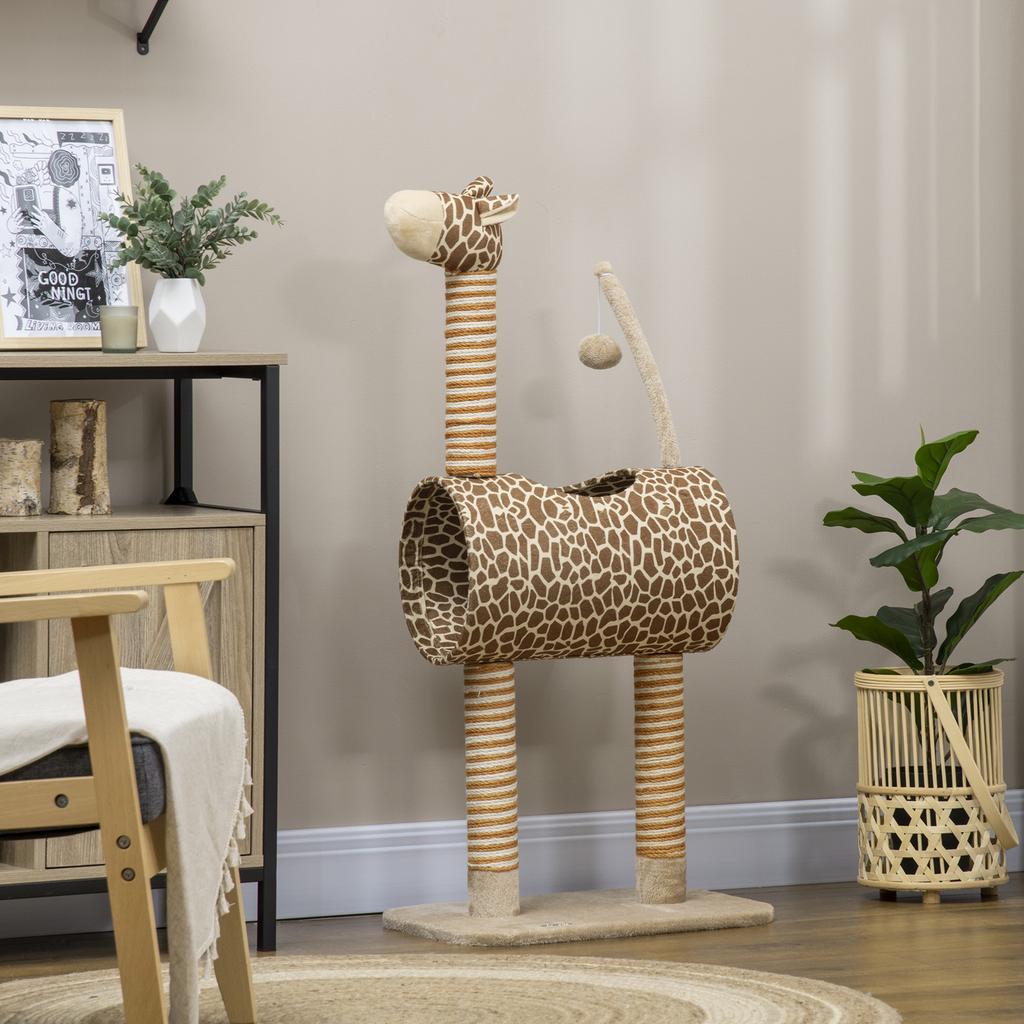 Giraffe-Designed Cat Tree, with Scratching Posts, Cat Tunnel, Toy Ball - Beige