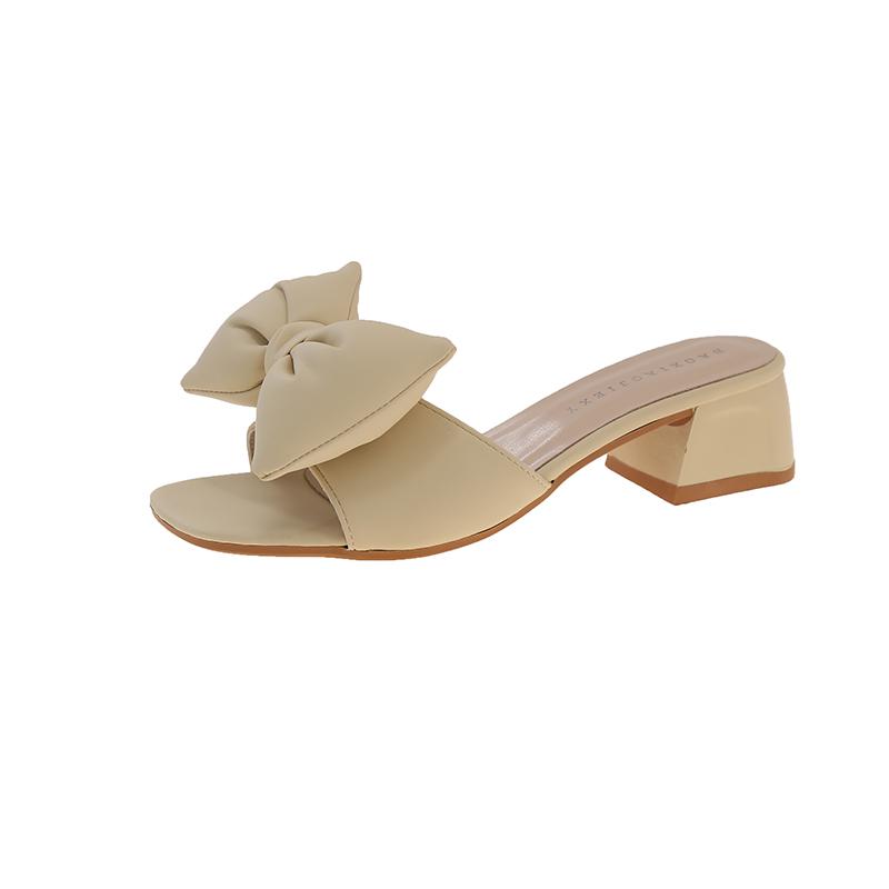 Summer New Slippers Women Wear Square Toe Open Toe Bow Block Heel Fairy Wind Non-slip One-word Sandal Slippers