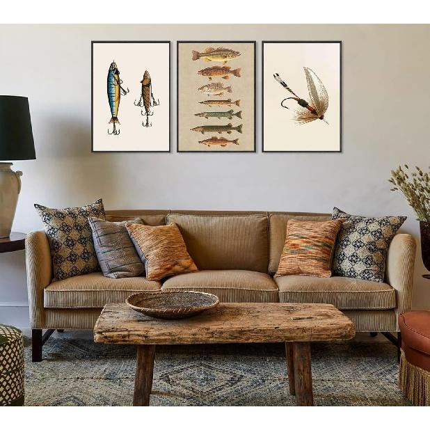 ZPJLRFC 3Pcs Vintage Fishing Canvas Wall Art Minimalism Fishing Gear Posters Artwork Fisherman Cave Painting Pictures Wall Decor for Outdoorsy Cabin
